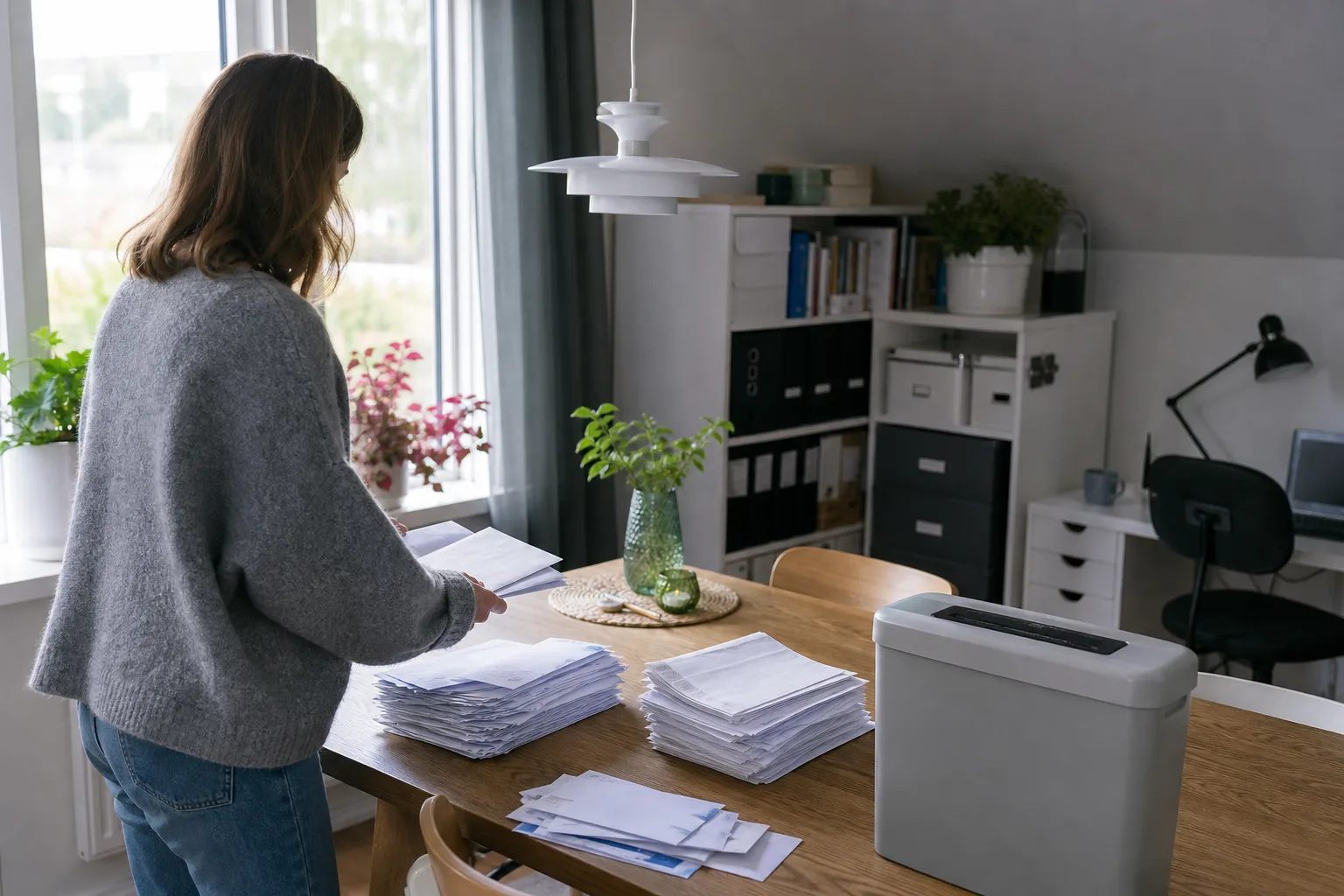 Olika slags papper sorteras före makulering vid köksbord