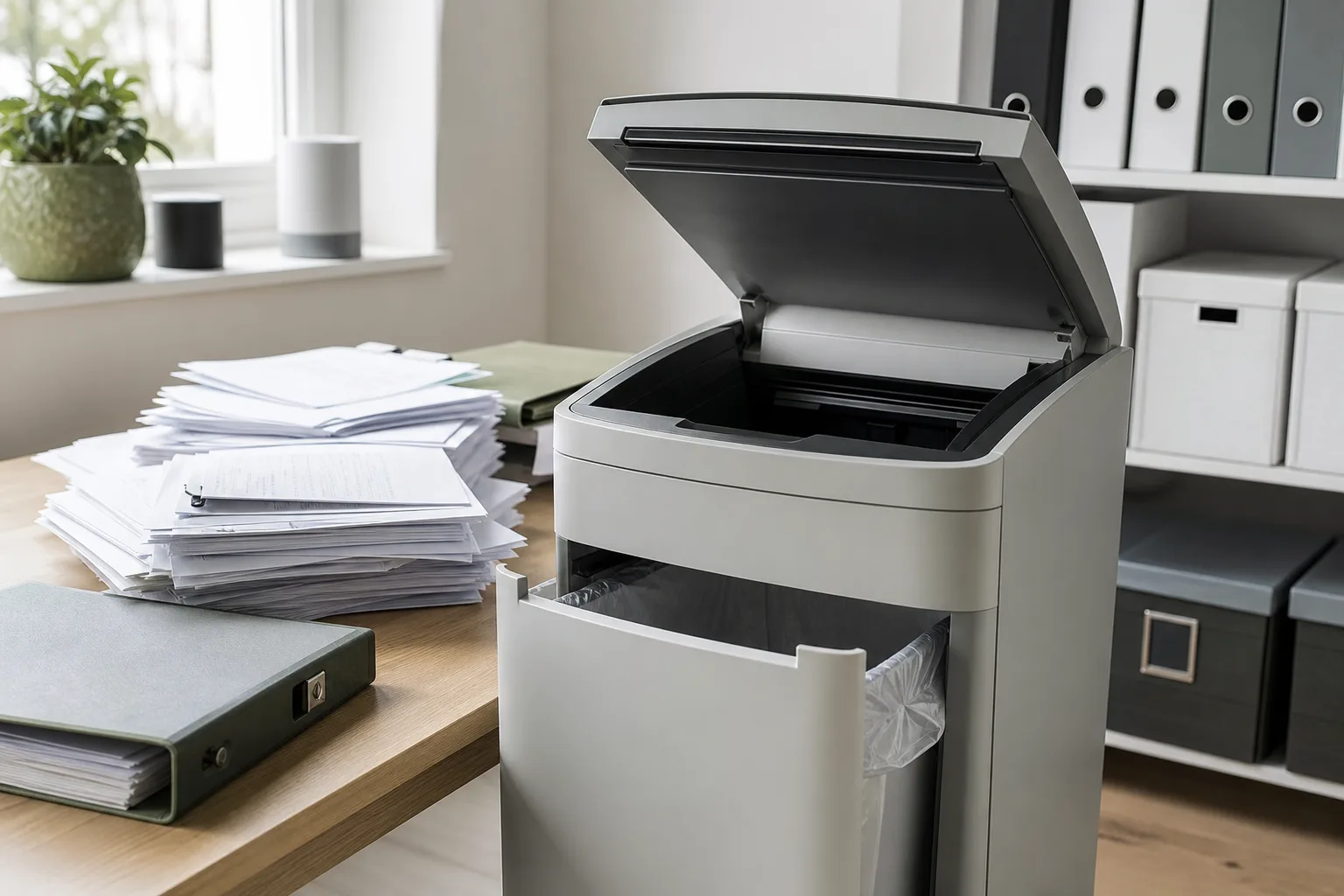 Försorterad pappersbunt vid öppen automatmatad dokumentförstörare