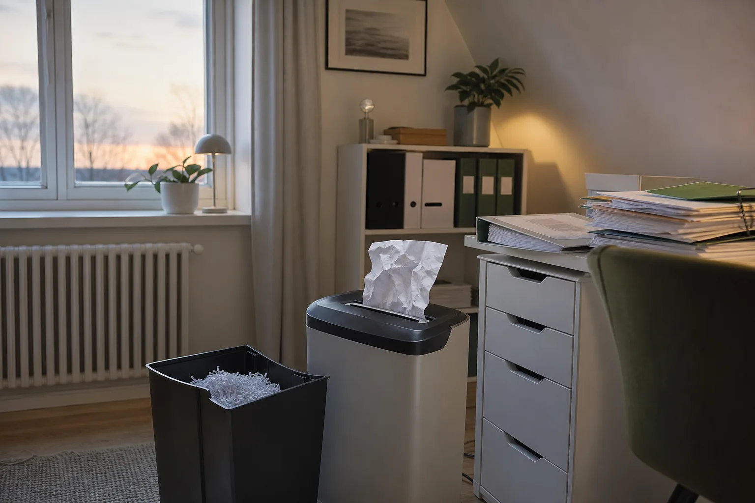 Stillastående dokumentförstörare med skrynklat papper och utdragen korg